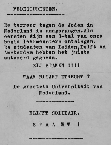 Oproep door studenten tot staking tegen uitsluiting van Joden.