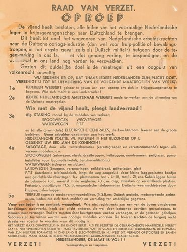 Aanplakbiljet van de Raad van Verzet met stakingsoproep.